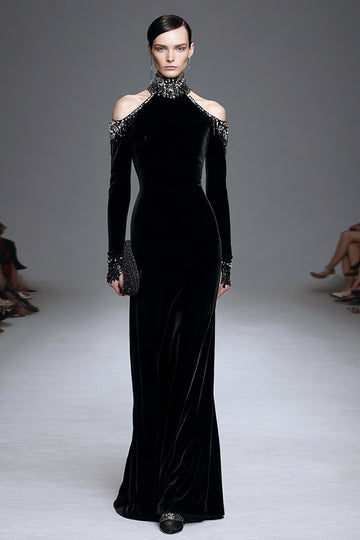 Velvet Black High Neck Long Sleeves Formal Dress